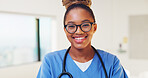Nurse, portrait and glasses with black woman in hospital for medical intern, about us and pride. Healthcare trainee, happy and nursing with person in clinic for wellness, physician and confidence