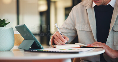 Buy stock photo Notebook, tablet and hands of business man in office for research, investor review and planning. Trading broker, digital account and advisor with employee in agency for solution, report and writing