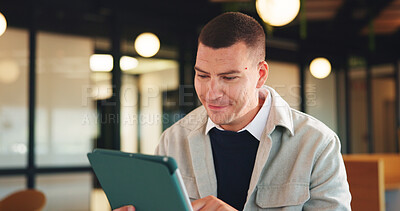 Buy stock photo Tablet, reading and smile with business man in office for research, investor review and planning. Trading broker, digital account and advisor with employee in agency for solution, report and email