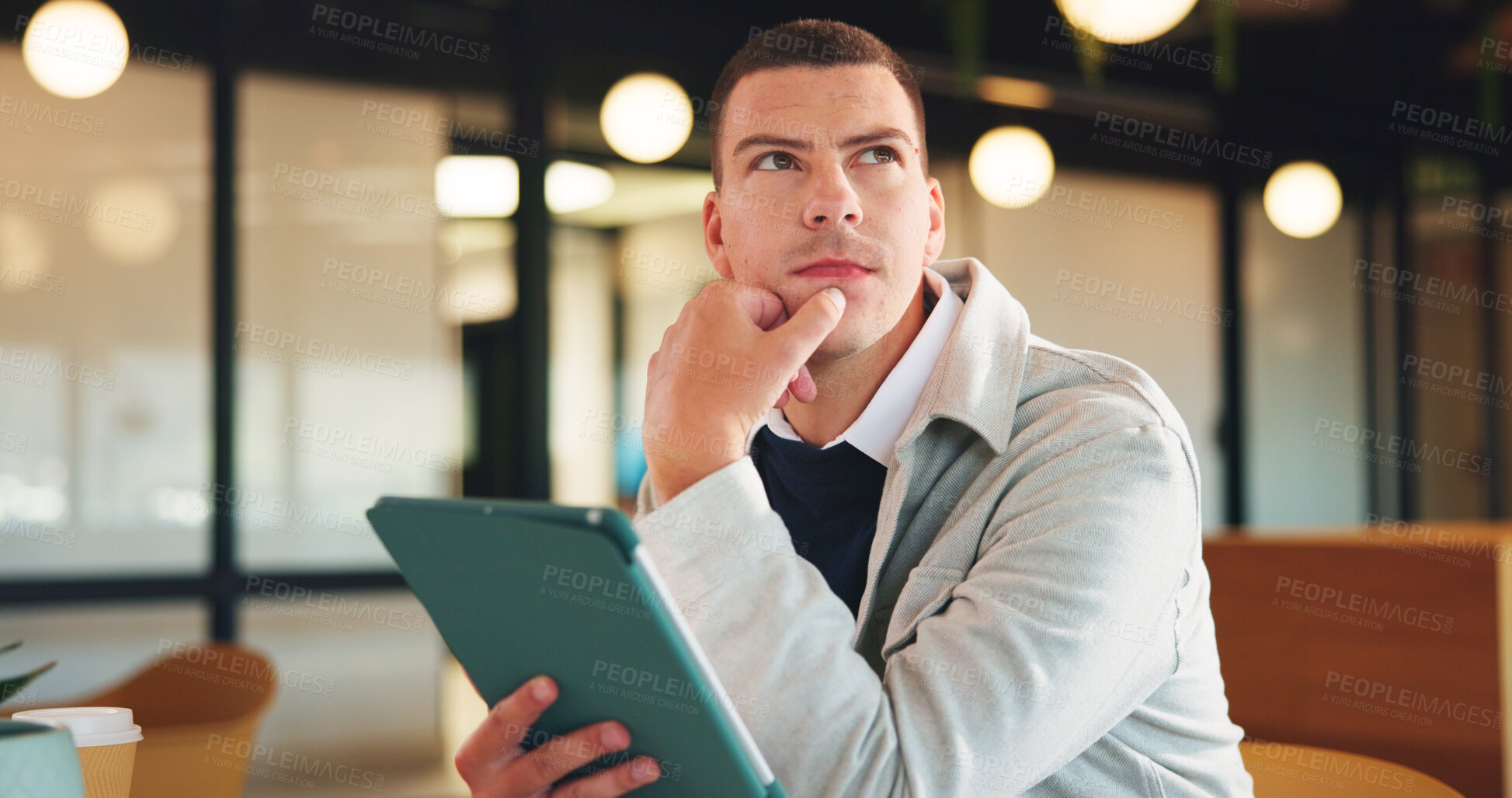 Buy stock photo Tablet, thinking and planning with business man in office for research, investor review and vision. Trading idea, digital account and advisor with employee in agency for solution and report