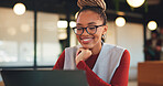 Laptop, smile and glasses with with business black woman in office for research, investor review and planning. Trading, digital account and advisor with employee in agency for solution and report