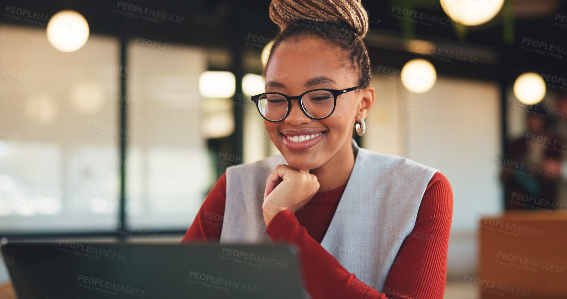 Buy stock photo Laptop, smile and glasses with with business black woman in office for research, investor review and planning. Trading, digital account and advisor with employee in agency for solution and report