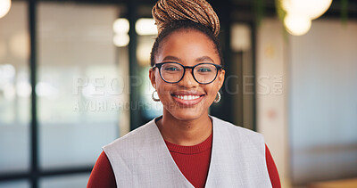 Buy stock photo Glasses, professional and portrait of business black woman in office for real estate agent, about us and pride. Happy, property developer and confidence with employee for realtor and consultant
