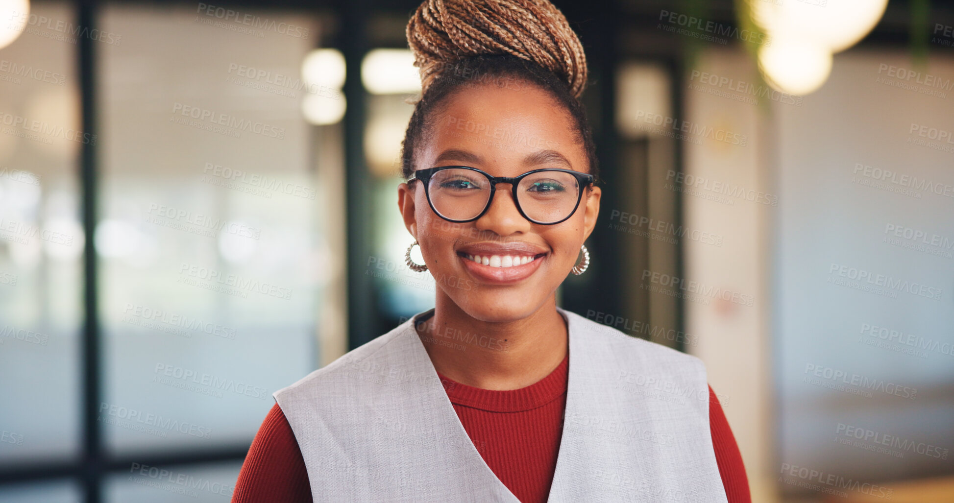 Buy stock photo Glasses, professional and portrait of business black woman in office for real estate agent, about us and pride. Happy, property developer and confidence with employee for realtor and consultant