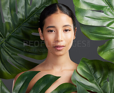 Buy stock photo Portrait, woman and beauty in studio with leaves, natural skincare and sustainability for wellness. Person, monstera plant or organic cosmetics for dermatology, self care and glow on gray background.