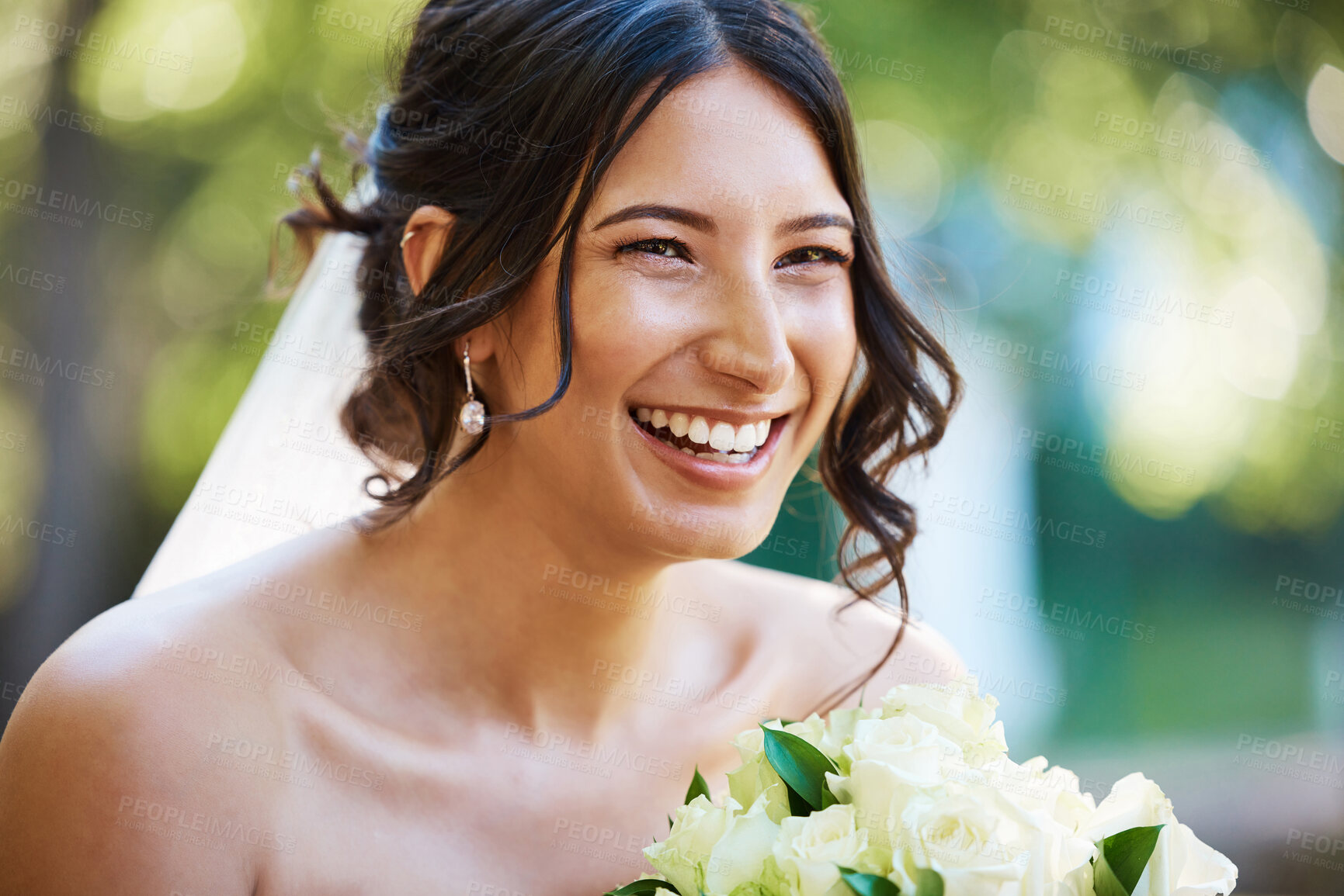 Buy stock photo Bouquet, laughing and wedding with woman outdoor for marriage celebration, ceremony or event. Excited, flowers and funny with happy bride in nature in summer for commitment, matrimony or nuptials