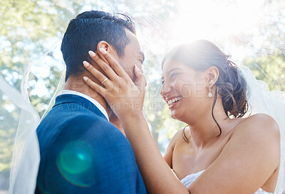 Buy stock photo Outdoor, support and couple with love for wedding, partner promise and romantic moment for connection. Flare, commitment and people with marriage celebration in park, smile and trust for special day