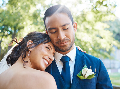 Buy stock photo Love, couple and hug at wedding outdoor for celebration event, commitment and marriage union. People, bride and groom with embrace at vow ceremony in nature for partnership, loyalty and relationship