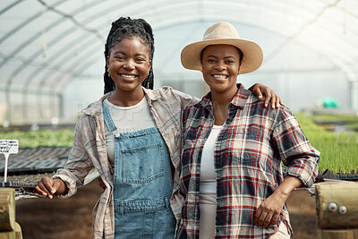 Buy stock photo Portrait, black women and farmer team with smile outdoor for career pride, about us and greenhouse. Happy, people or farming or agriculture industry, sustainable business and hug for food production