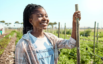 Buy stock photo Thinking, woman and happy for farming outdoor with vision, agriculture and sustainable business. Space, black person or farmer with reflection, planning harvest and contemplating for food production