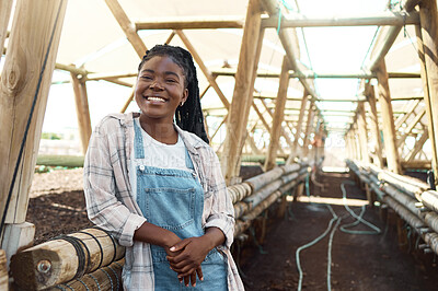 Buy stock photo Happy, farming and portrait of black woman in greenhouse for career pride, nature and structure. Laugh, female person or farmer for agriculture industry, sustainable business and eco friendly job