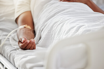 Buy stock photo Hand, sick and person with iv drip in hospital bed for post surgery, healing or medical anesthesia. Arm, patient and saline fluid for healthcare service, wellness and treatment from operation in ICU