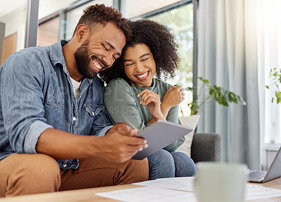 Buy stock photo Smile, couple and reading with tablet at house for research, finance report and expenses. African people, digital or email with documents, financial information and online payment for household bills