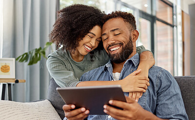Buy stock photo Smile, couple and hug with tablet at house for social media, browsing website and bonding. African people, embrace and digital for streaming video, download movies and subscription for weekend break