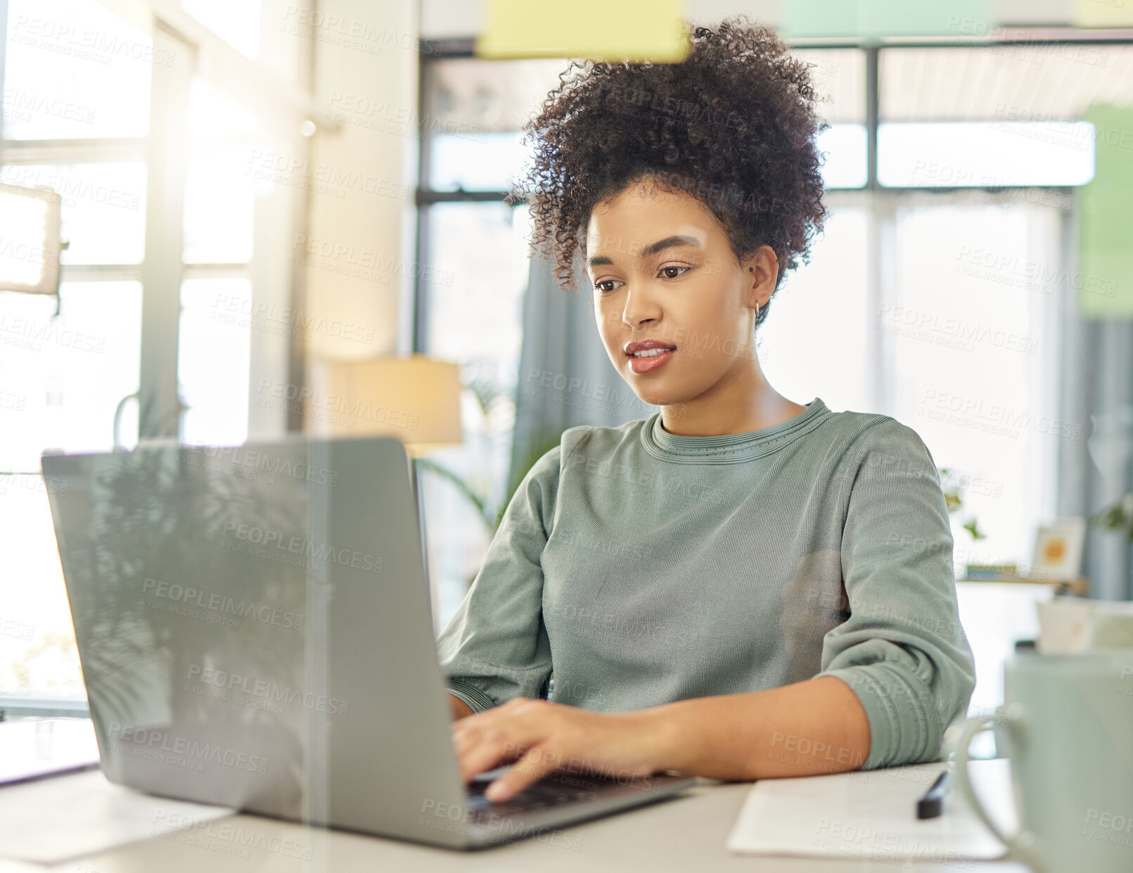 Buy stock photo Home, laptop and woman typing for remote work, copywriting or creative project. Planning, research and freelancer or copywriter with online editing for blog post, marketing or newsletter with glass
