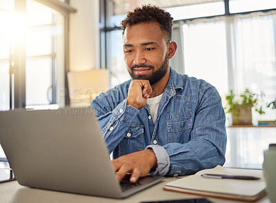 Buy stock photo Thinking, man and laptop with smile in office for draft review, fact checking or submission insight. Happy editor, african person and tech at desk for proofreading, editing blog and approval decision