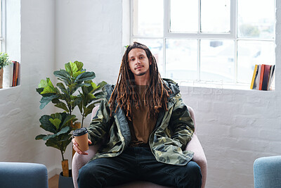 Buy stock photo Coffee, relax and portrait of man in office with confidence for creative career with morning beverage. Calm, pride and male designer with warm drink for startup about us at workplace in Jamaica.