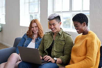 Buy stock photo Streaming, break or team in office with laptop, movie binge or multimedia on online site. Smile, people or employees in agency with tech, funny video or show subscription on entertainment platform.