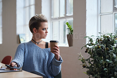 Buy stock photo Coffee, phone and thinking with woman in green office for planning or vision as designer. App, drink and idea with employee in eco friendly workplace for creative career, decision or inspiration