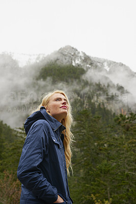 Buy stock photo Thinking, woman and hiking with vision in nature for travel, adventure and sightseeing on holiday. Space, female person and reflection for trekking, cold morning and explore forest with mountain view