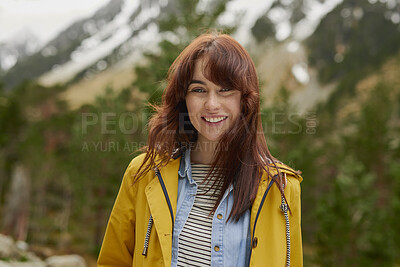 Buy stock photo Hiking, portrait and smile of woman in forest for adventure, wellness or winter getaway. Mountain, nature and travel with happy hiker outdoor in cold environment for discovery, exploration or trip