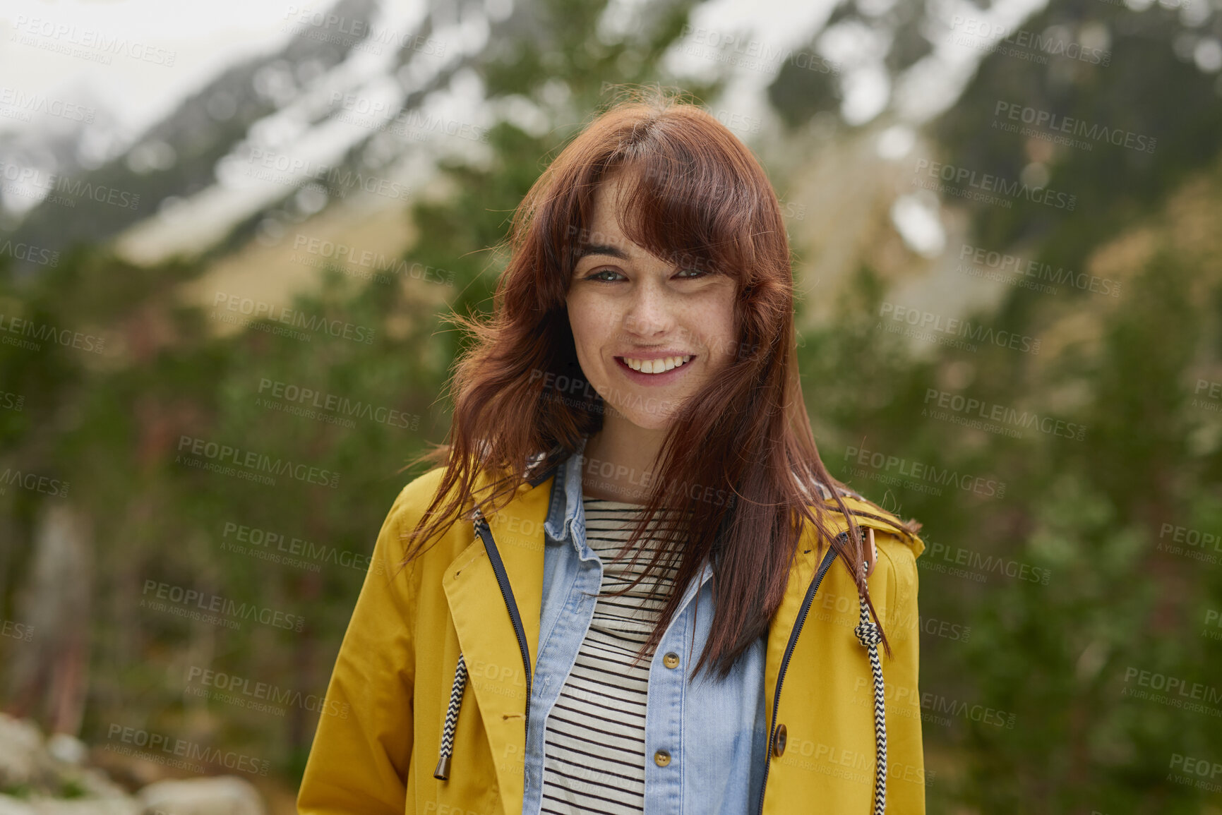 Buy stock photo Hiking, portrait and smile of woman in forest for adventure, wellness or winter getaway. Mountain, nature and travel with happy hiker outdoor in cold environment for discovery, exploration or trip