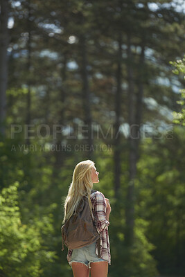 Buy stock photo Thinking, calm or person in nature with sightseeing, past memory or mindfulness on weekend break. Back, space or woman in forest with mindset, reflection or peaceful perspective in outdoor trip.