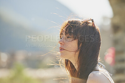 Buy stock photo Travel, thinking and woman outdoor with wind for adventure, view and sightseeing on vacation. Holiday, reflection and person in nature for tourism, mindset and space for exploration with memory