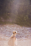 Adventure woman wearing vr headset augmented virtual reality in beautiful outdoor landscape concept sunset flare