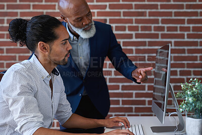 Buy stock photo Business, computer or team in office with review, budget evaluation or manager feedback on investment. Guidance, men or finance advisors with tech, forecast plan or director insight on revenue report