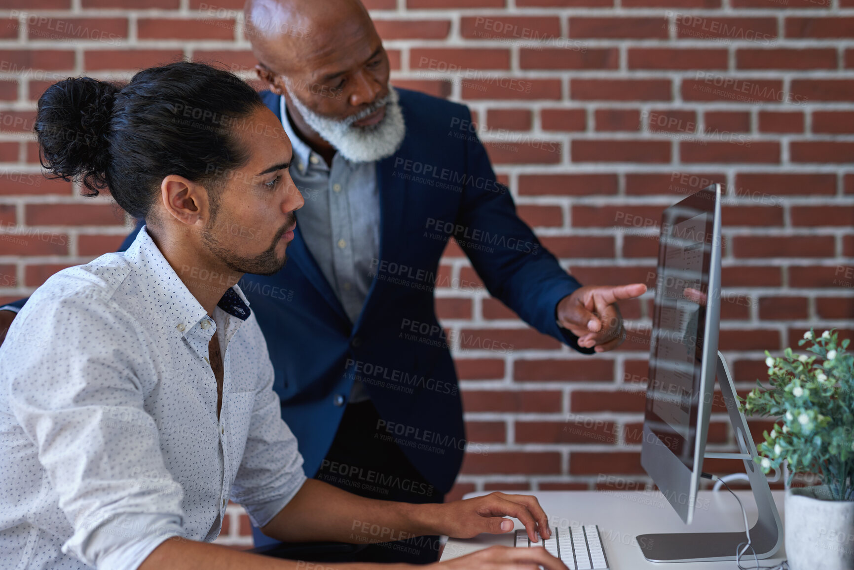 Buy stock photo Business, computer or team in office with review, budget evaluation or manager feedback on investment. Guidance, men or finance advisors with tech, forecast plan or director insight on revenue report
