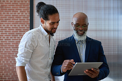 Buy stock photo Business, tablet or team in office with review, budget evaluation or manager feedback on investment. Discussion, men or finance advisors with tech, forecast plan or director insight on revenue report