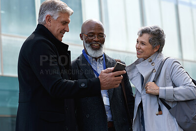 Buy stock photo Business people, mature and phone in city for online map, navigation and travel for corporate conference. Happy, networking or mobile app for commute route, colleagues and notification on work trip