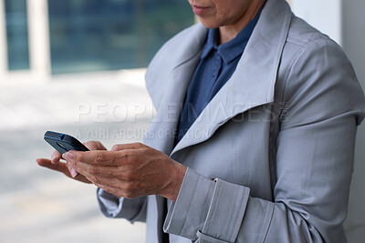 Buy stock photo Businesswoman, hands and typing in city with phone, check work schedule and app for email notification. Person, scroll and browsing in urban town with tech, text message and online calendar for job.