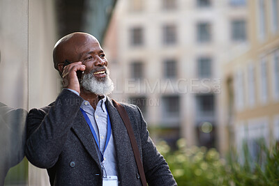 Buy stock photo Happy, phone call and business man in city for work contact, communication and space. Professional, cellphone and mature black person talking for feedback, network or corporate opportunity outdoor