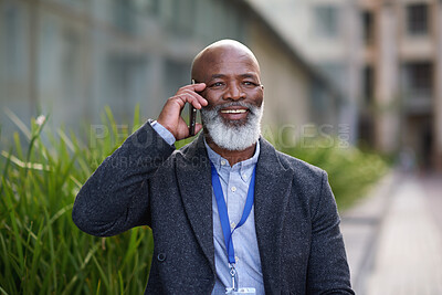 Buy stock photo Mature, phone call and business man in city for work commute, communication or travel with smile. Black person, cellphone and professional talking to contact for feedback, network or thinking outdoor