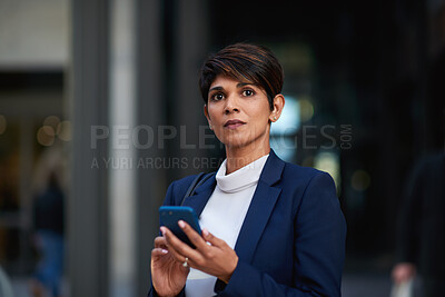 Buy stock photo Businesswoman, commute and thinking in city with phone, legal aid website or update for court case. Space, mature person or attorney travel in urban town with tech, text message and remember lawsuit.