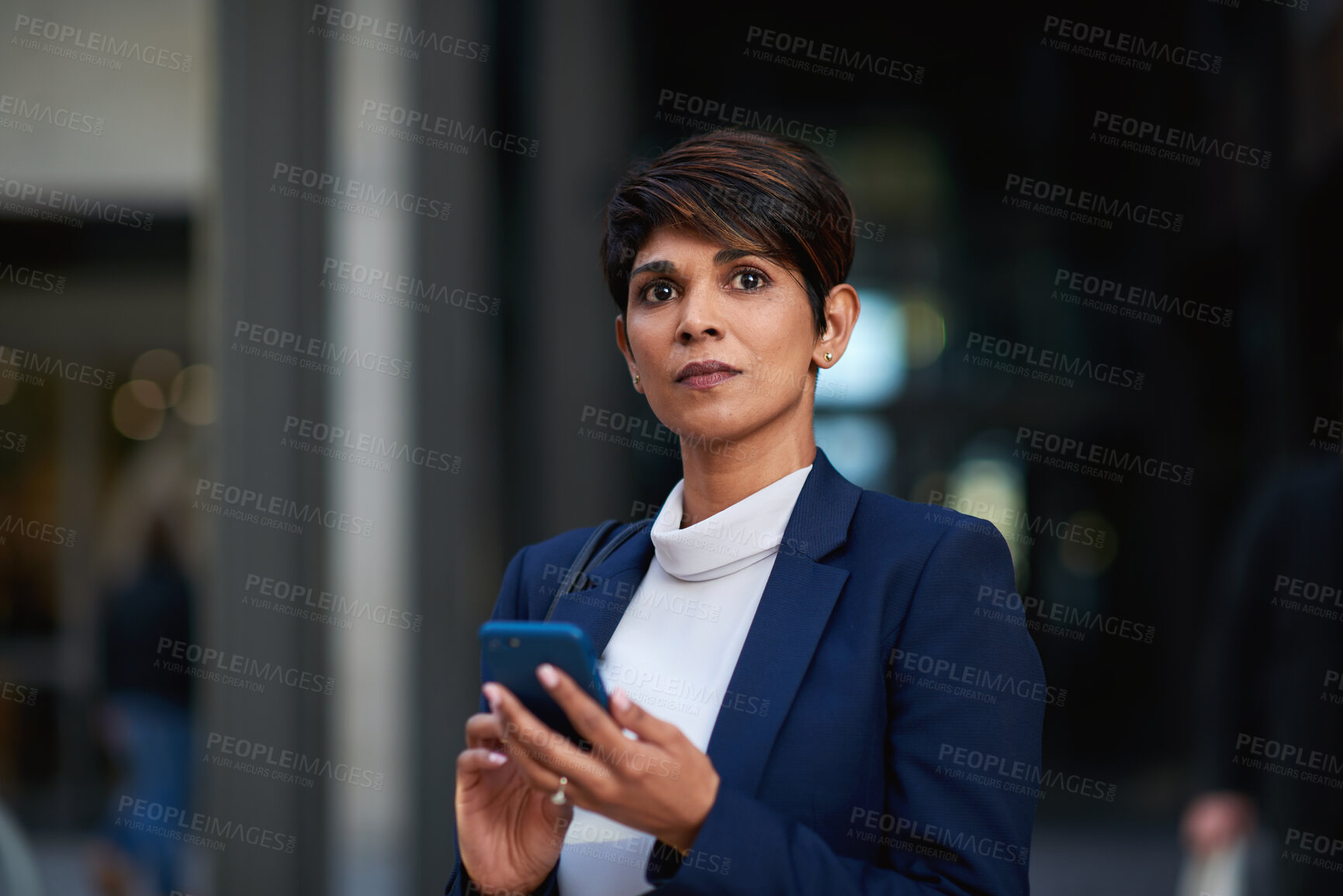 Buy stock photo Businesswoman, commute and thinking in city with phone, legal aid website or update for court case. Space, mature person or attorney travel in urban town with tech, text message and remember lawsuit.
