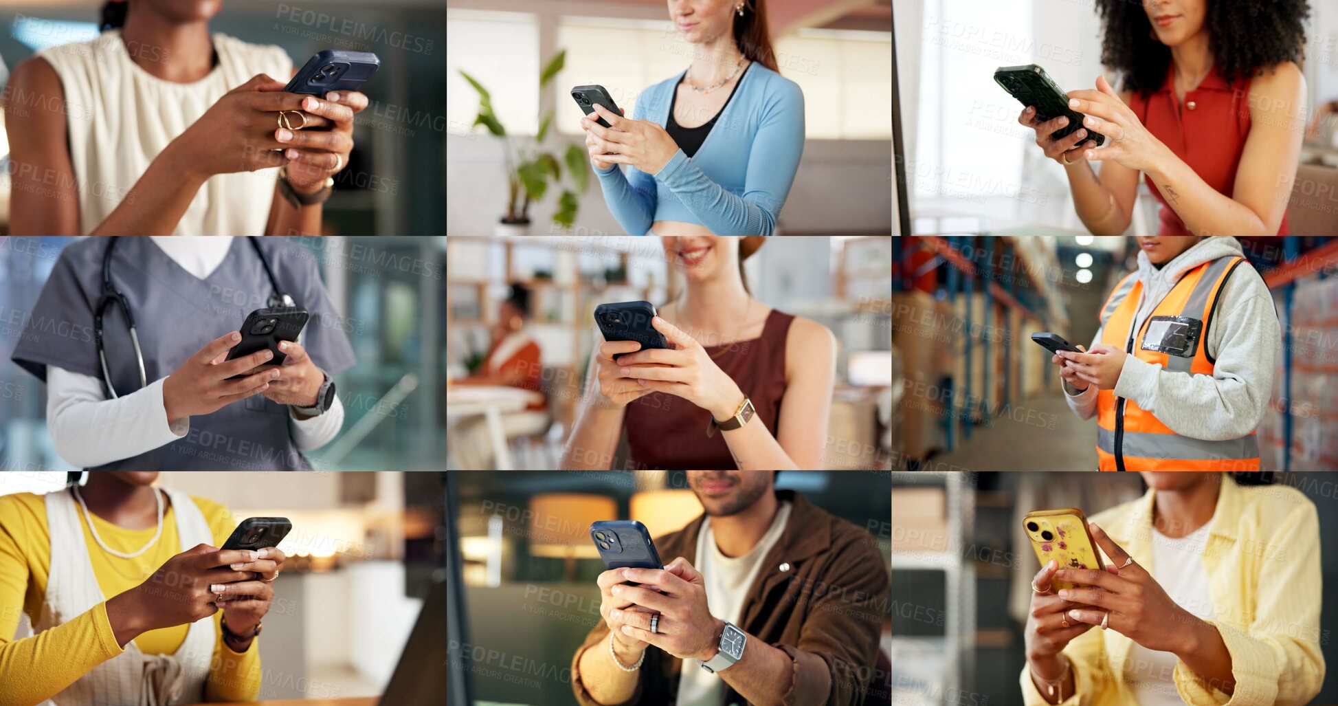 Buy stock photo Montage, typing and hands of people with phone on internet for business, yoga and contact in office. Collage, mobile app and men with women on cellphone for social media, connection and website