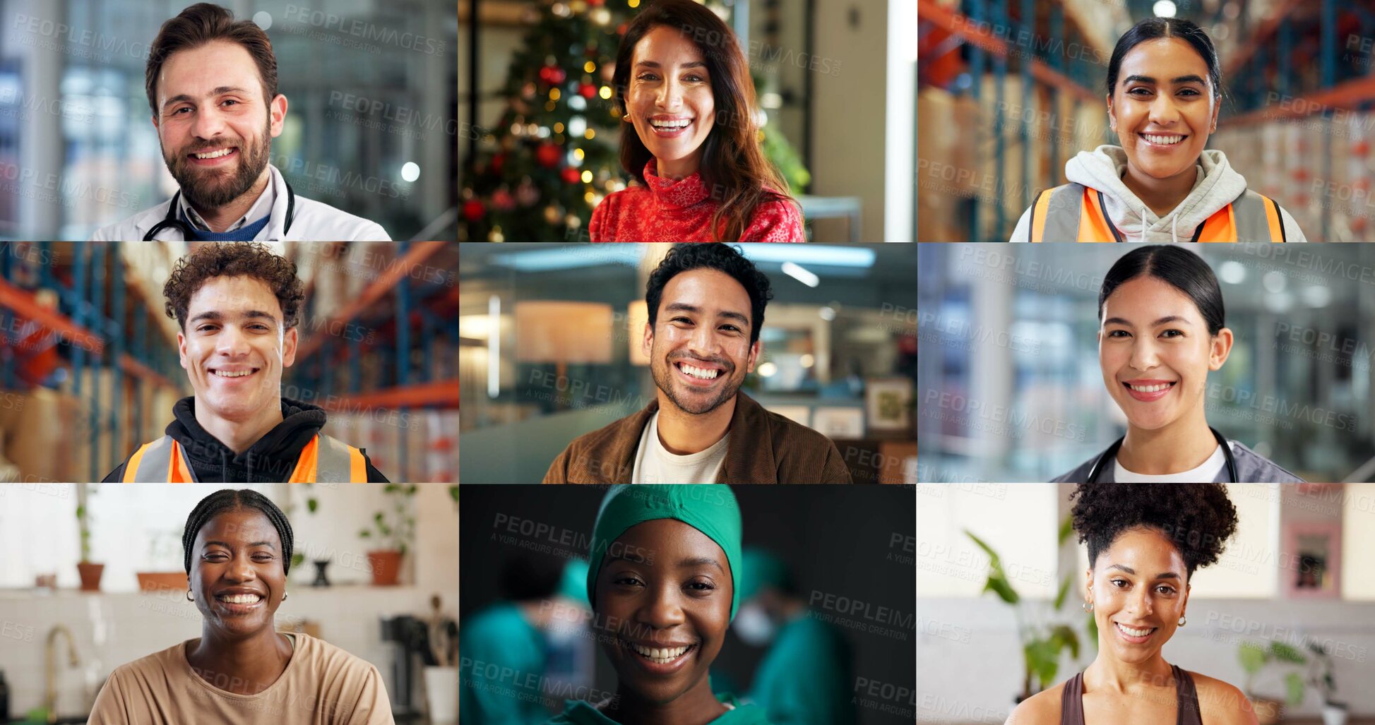 Buy stock photo People, diversity and portrait with profession in collage for career difference or job opportunity. Faces, group or community with business variety, inclusion or montage for occupation or development