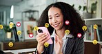 Happy, phone and woman with emojis in office for like, love and reaction on social media marketing. Communication, post and marketer with icons for online engagement, comments or chat notification