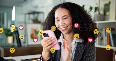 Buy stock photo Happy, phone and woman with emojis in office for like, love and reaction on social media marketing. Communication, post and marketer with icons for online engagement, comments or chat notification