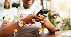 Typing, emojis and hands with phone in business, employee and communication with contact on website. Texting, online and person with smile for reaction on mobile, connection and chat on social media