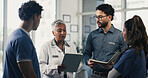 Medical, meeting or people in hospital with tablet, team insight or patient review for treatment plan. Healthcare, discussion or doctors with tech, collaboration or director feedback in post surgery.