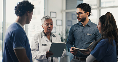 Buy stock photo Medical, meeting or people in hospital with tablet, team insight or patient review for treatment plan. Healthcare, discussion or doctors with tech, collaboration or director feedback in post surgery.