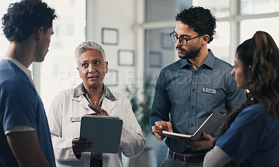 Buy stock photo Medical, discussion or people in hospital with tablet, group insight or patient review for treatment plan. Healthcare, meeting or doctors with tech, teamwork or director feedback in post surgery.