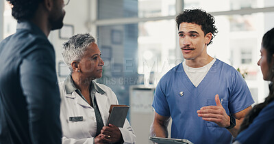 Buy stock photo Medical, discussion or people in lobby with tablet, group insight or patient review for treatment plan. Healthcare, meeting or doctors in hospital with tech, collaboration or feedback in post surgery
