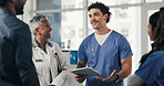 Medical, smile or people in hospital with tablet, group insight or patient review for treatment plan. Healthcare, meeting or doctors in clinic with tech, collaboration or feedback in post surgery.