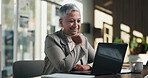 Admin, smile and woman in office with laptop, public relations and career growth or development. Mature, business person and report with consultant, tech or problem solving for PR campaign planning
