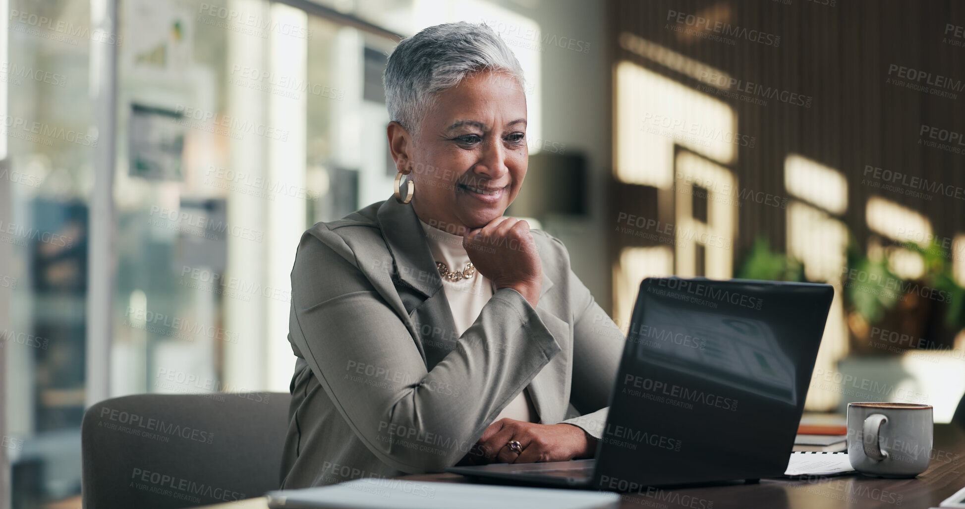 Buy stock photo Admin, smile and woman in office with laptop, public relations and career growth or development. Mature, business person and report with consultant, tech or problem solving for PR campaign planning